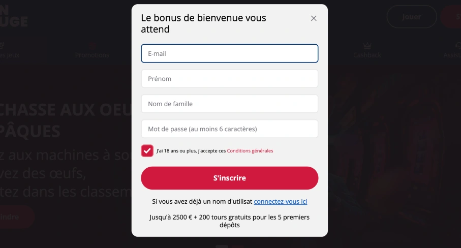 Enregistrement d'un nouvel utilisateur au Jeton Rouge Casino